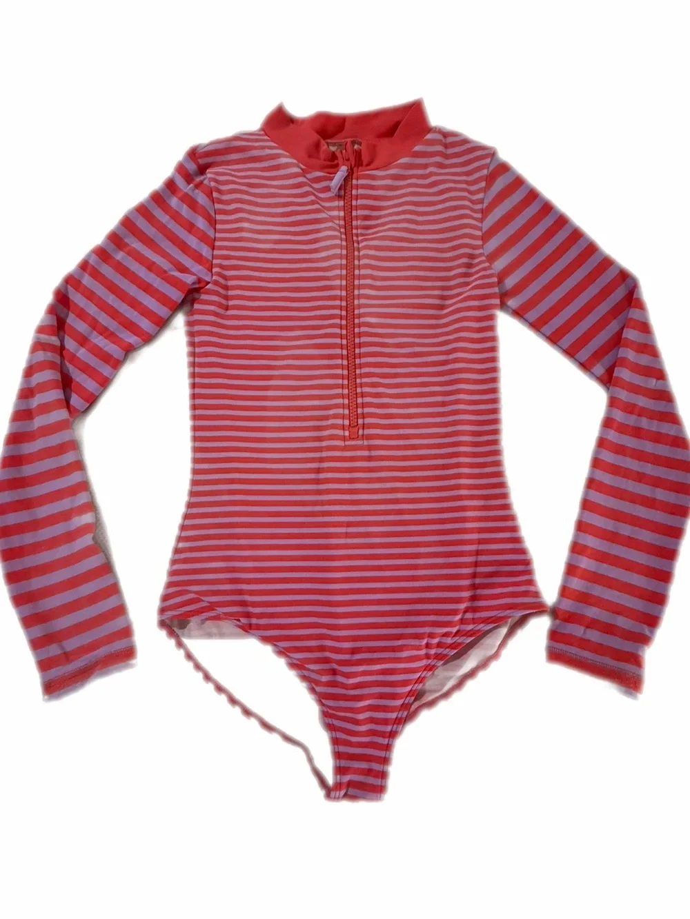 Mini Boden Kids Long-Sleeve Striped Rash Guard Swimsuit - Pink/purple